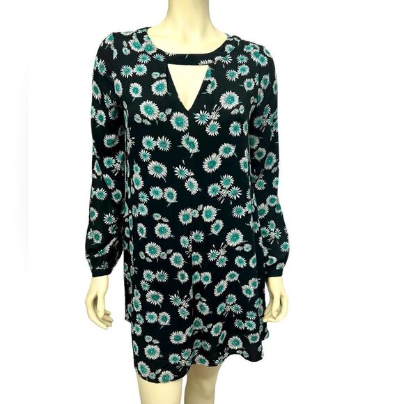 Express Flowy Long Sleeve Mini Dress Black Blue Sunflowers Flowers Floral Spring - Picture 1 of 6